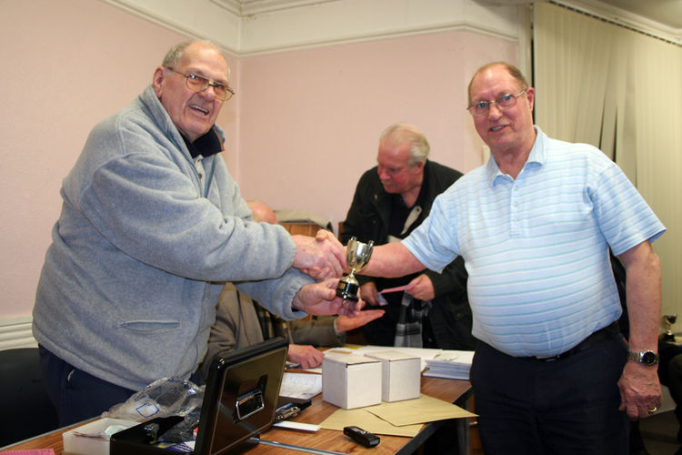  Jim MÃ˜MAC finished the meeting by presenting the â€˜High Frequency Transmitting Awardâ€™ cup to  Fred, G3SVK for his efforts working 20,500 station

