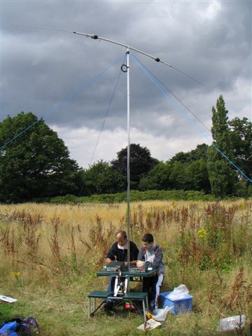 Mick M3DOQ and Michael M3DOV with home made buddy pole for HF
