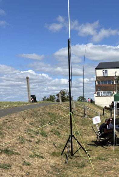 Antennas
VHF vertical and in background HF end fed wire antenna on fishing pole to the ground
