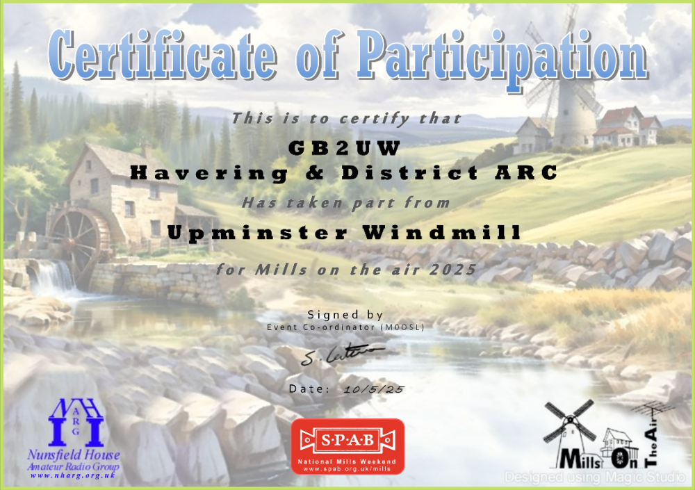 GB2UW Certificate
Havering Radio Club was awarded this certificate for taking part in Mills On The Air 
